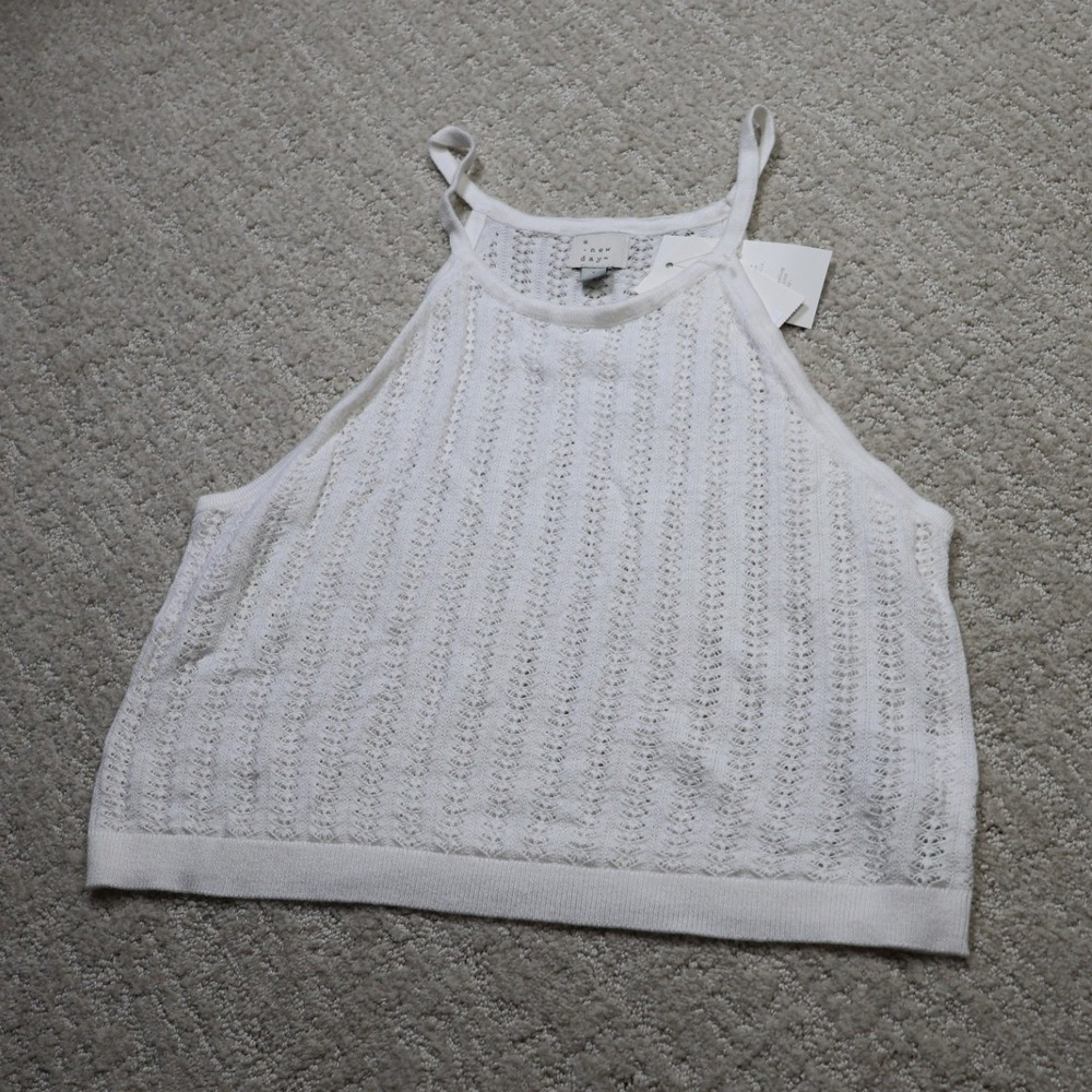 A New Day Womens Cream Pointelle Knit Halter Tank Top Medium NWT